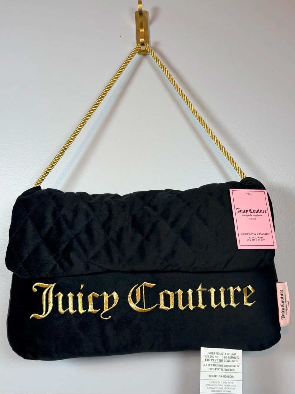 Juicy Couture Home Black Purse Decorative Pillow Gold Logo NWT 10x16